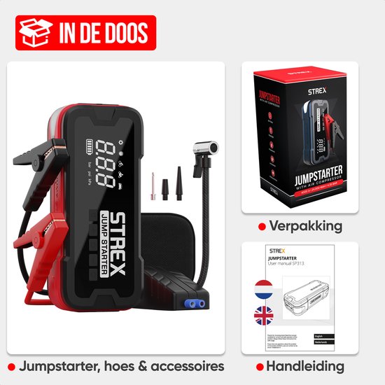 Strex 12V Jumpstarter voor Auto & Motor met Compressor - 4000A / 24.000 mAh - 5-in-1 Starthulp met Compressor, Powerbank, LED Zaklamp en SOS Noodlicht - Jump Starter - Incl. Hardcover