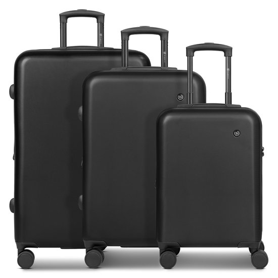 Set van drie zwarte Bugatti koffers van verschillende groottes.