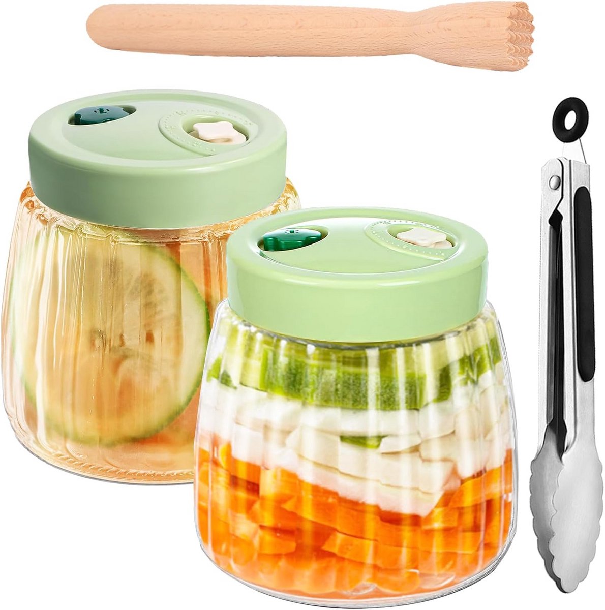 2x Glazen Fermenteerpotten Set met Slot en Hulpmiddelen voor Zuurkool en Kimchi
