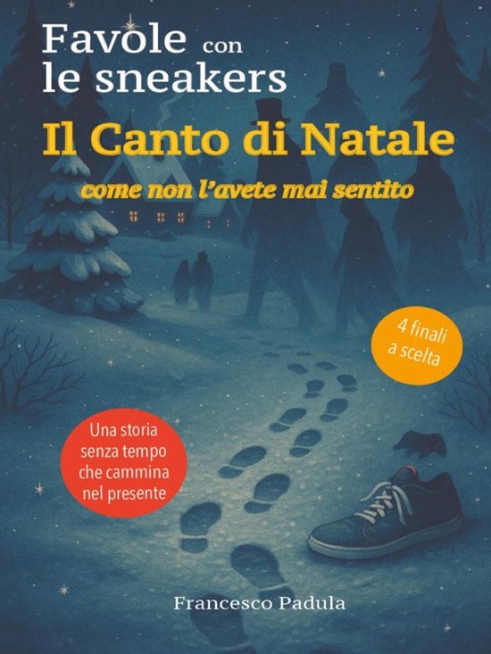 Boek kaft met de titel "Favole con le sneakers Il Canto di Natale". Een sneaker ligt in de sneeuw met voetstappen erop. Twee ronde stickers met tekst in het Italiaans.