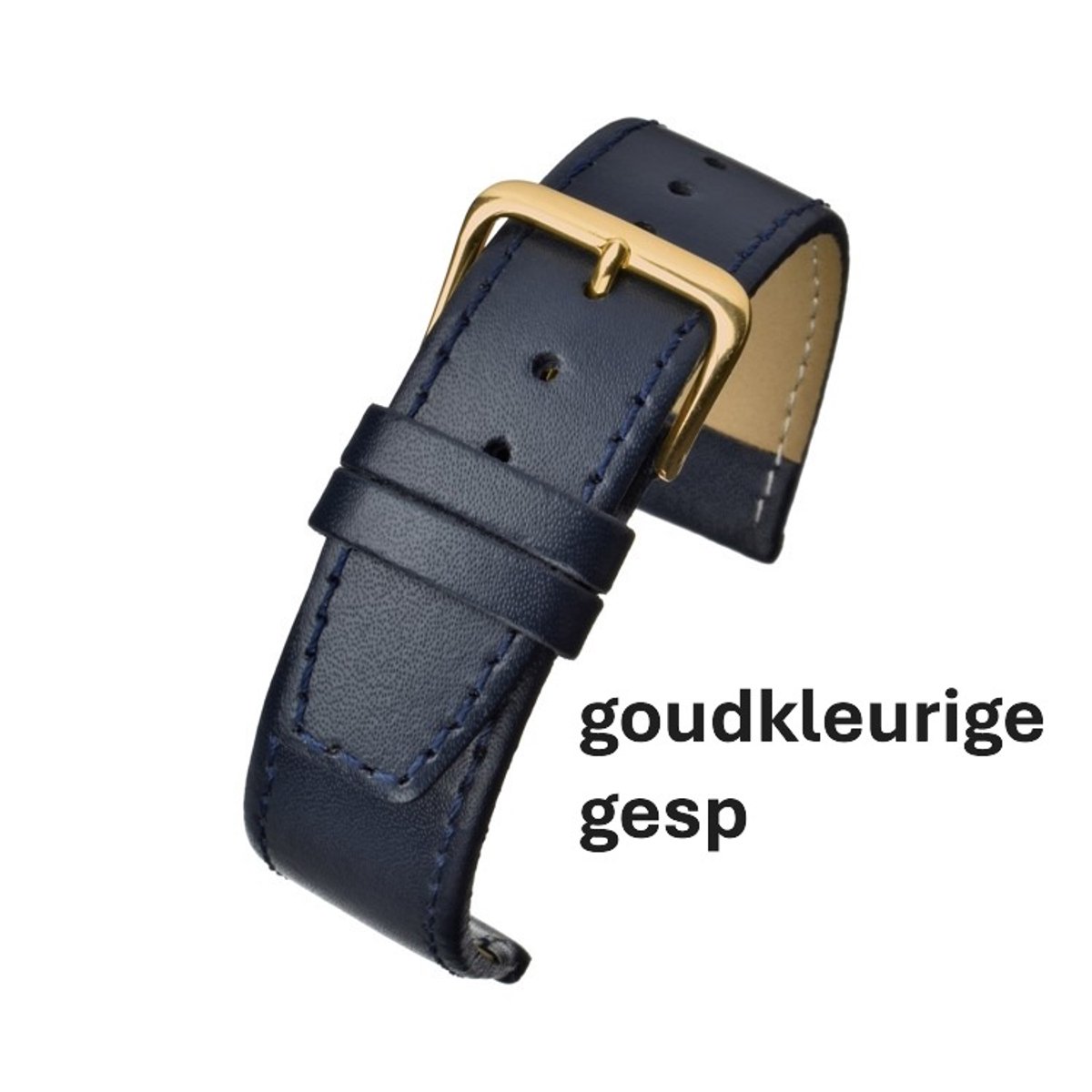 horlogeband-18mm-echt leer-blauw-zacht-glad -plat-gestikt-goudkleurige gesp-18 mm