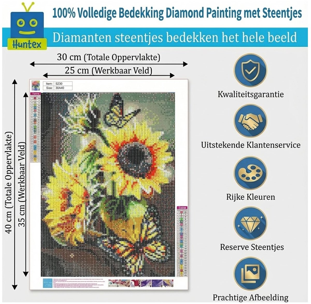 Huntex Diamond Painting Volwassenen - Diamond Painting Kinderen - Diamond Painting Pakket Volledig - Zonnebloemen met Vlinders - 30x40 cm — afbeelding 3