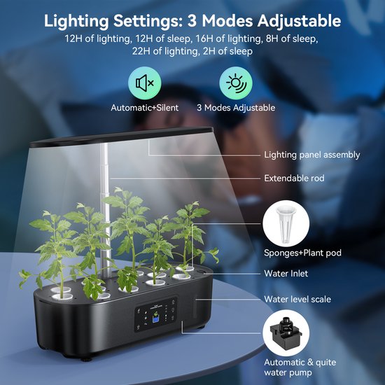 Lumi Garden Binnentuin met ledverlichting - Kweekbak Incl Plantvoeding - Smart Garden - Binnen Moestuin - Kweektafel - Hydrocultuur Kweeksysteem - Tuinbak - LED Verlichting - Zwart