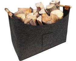 Haardhoutopslag - Houten mand voor haardhout 68 liter - Dik vilt - Grote vilten tas - Houten handvat - Opbergmand voor boodschappen kranten - Donkergrijs