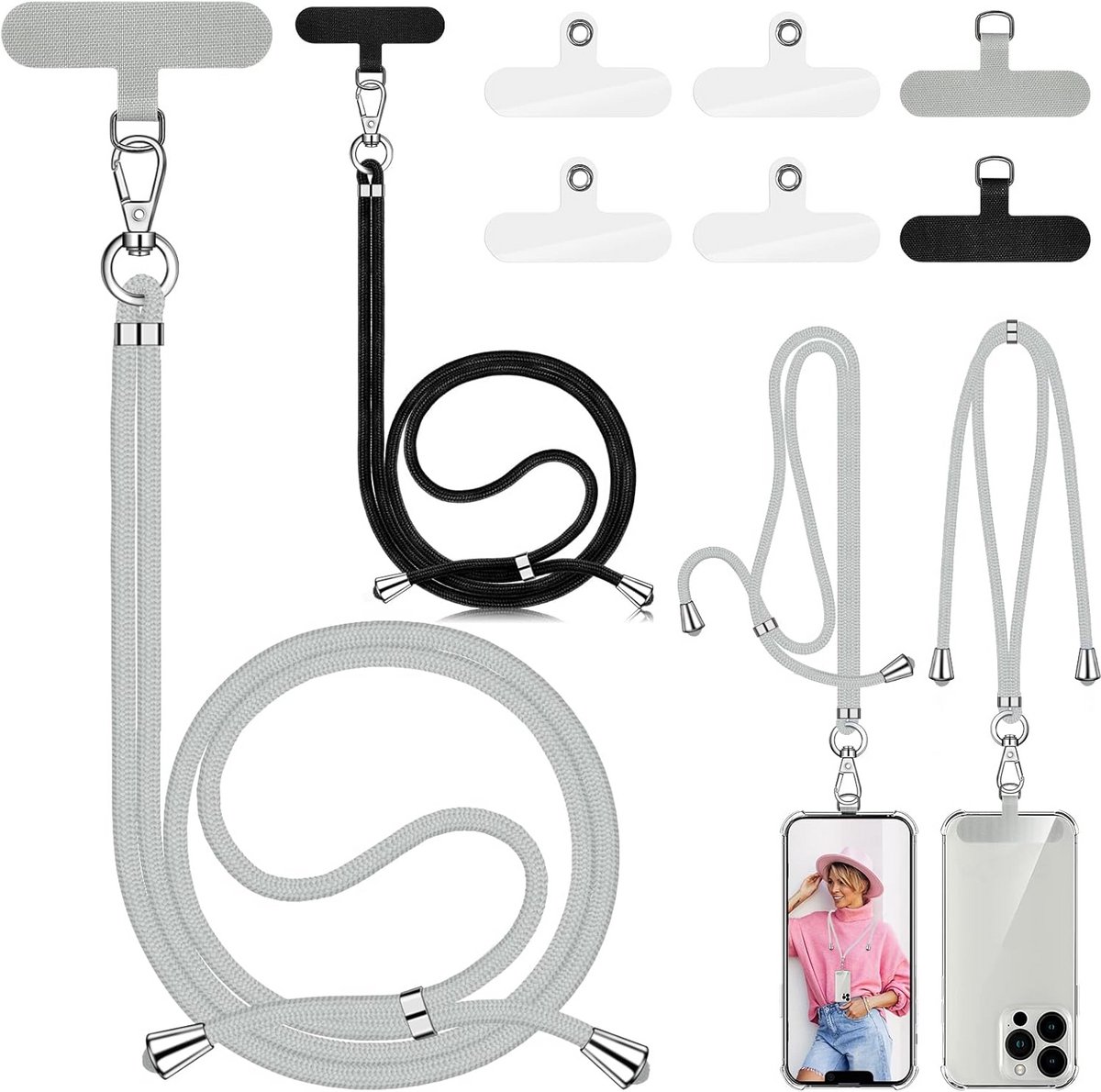 2 stuks universele telefoonkettingen - Verstelbare lanyards geschikt voor alle smartphones - Met 6 patches - Crossbody draagcomfort - Zwart