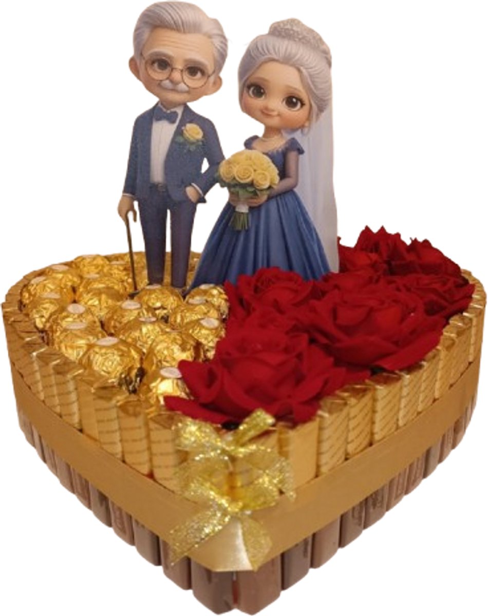 Luxe Hartvormige Snoeptaart met Oud Getrouwd Koppel – 30 cm