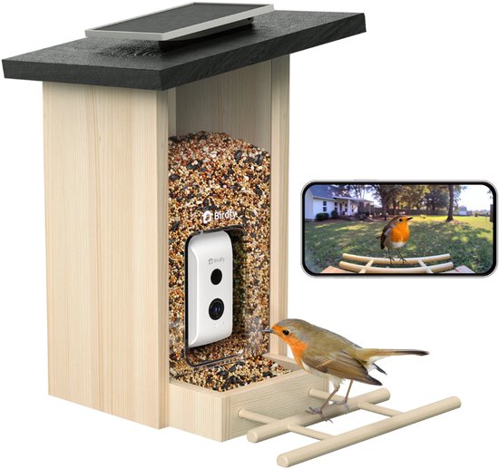 Birdfy Feeder Ebony Inclusief Zonnepaneel – Slim Vogelhuisje met Camera – Houten Vogelvoederhuis – AI Vogelherkenning