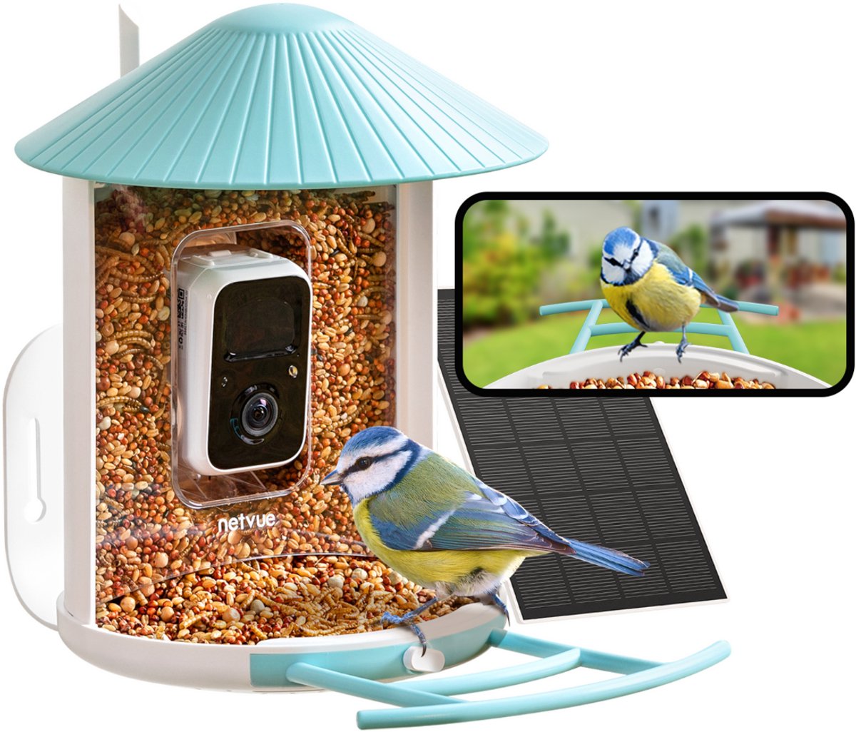 Birdfy Feeder 1 Inclusief Zonnepaneel - Oplaadbaar Vogelhuisje met Camera - Live Vogels Spotten via je Smartphone - Vogelvoederhuisje met Zonnepaneel - AI Vogelherkenning - Vaderdag Cadeau