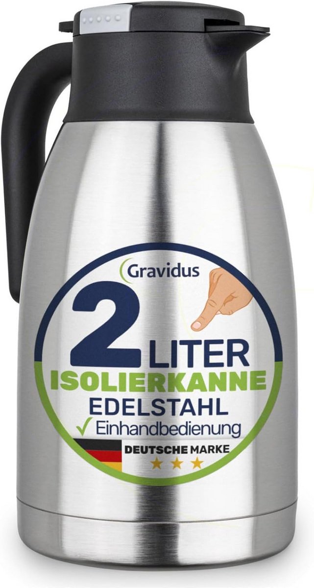 Thermoskan RVS 2 Liter Dubbelwandig - Eénhandige Bediening en Warmhoudgarantie