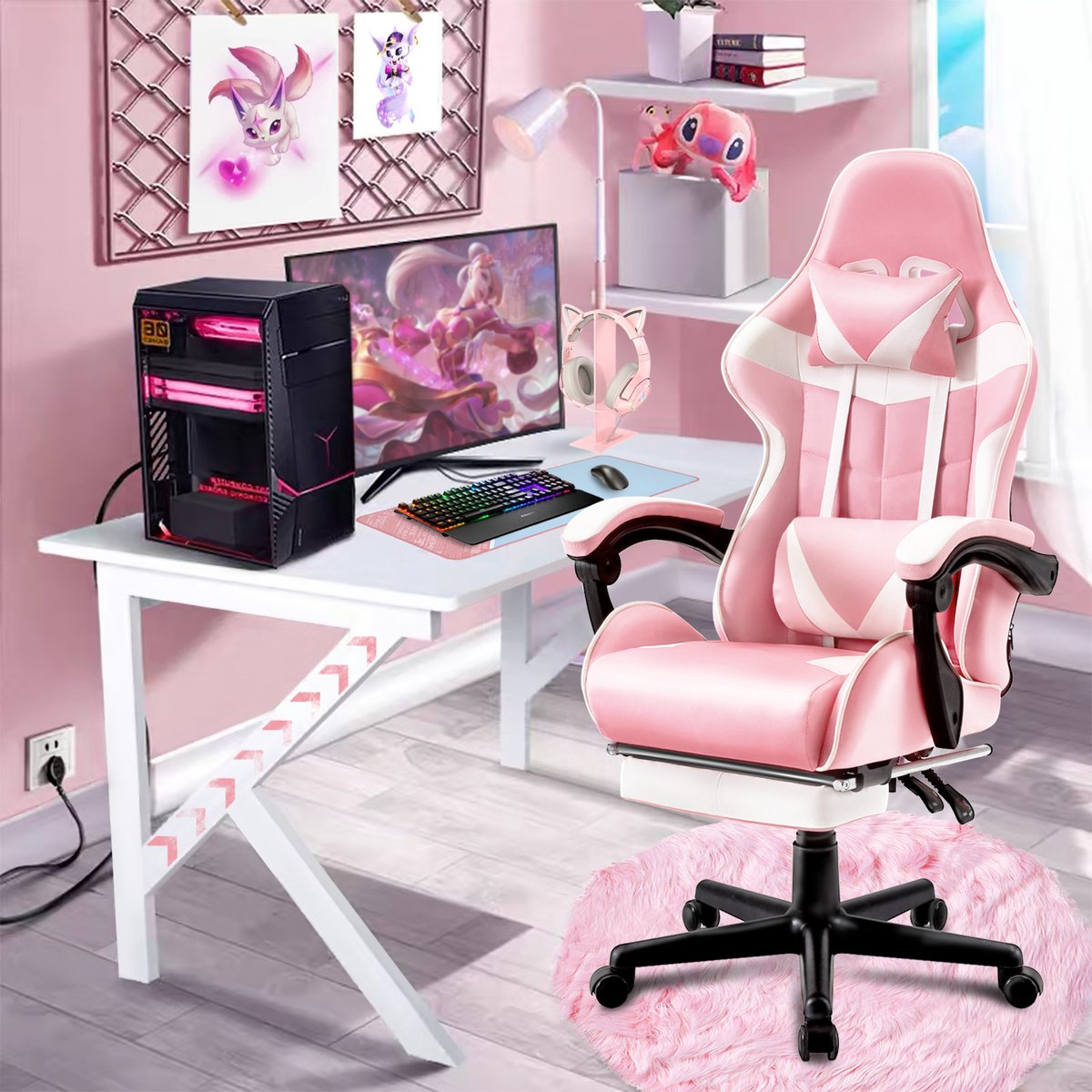 Soontrans Roze-Gaming Stoel met Inklapbare Voetensteun, - afbeelding 3