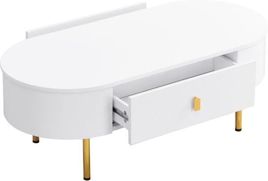 Table basse MODFU avec 2 tiroirs, poignées dorées, angles arrondis, plateau en bois et pieds en métal.