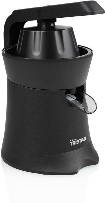 Zwarte Tristar elektrische citruspers met pulpfilter en druppelstop.