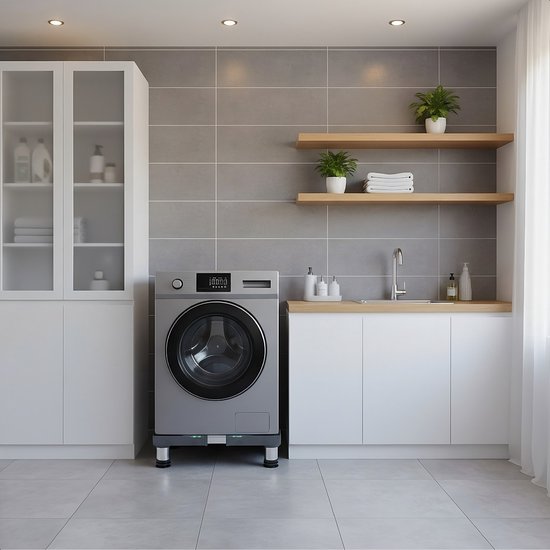 Zilveren wasmachine op zwarte verhoger in een moderne wasruimte.