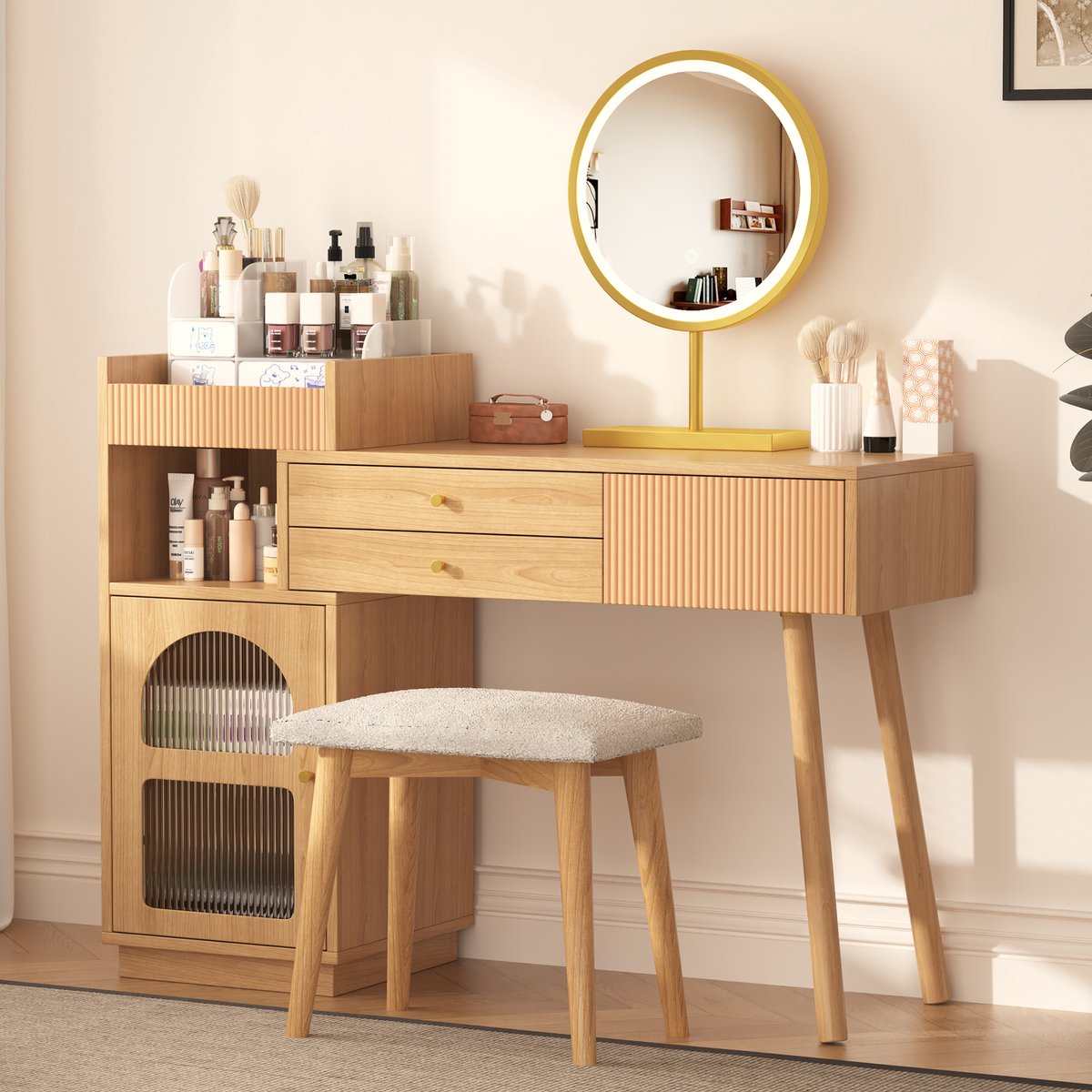 STILVORA Kaptafel - Stijlvolle Make-up Tafel Met LED Spiegel En 3-Kleurige Verlichting - 3 Lades En Zijschrank - 120x90x40 cm - Hout - Onbehandeld