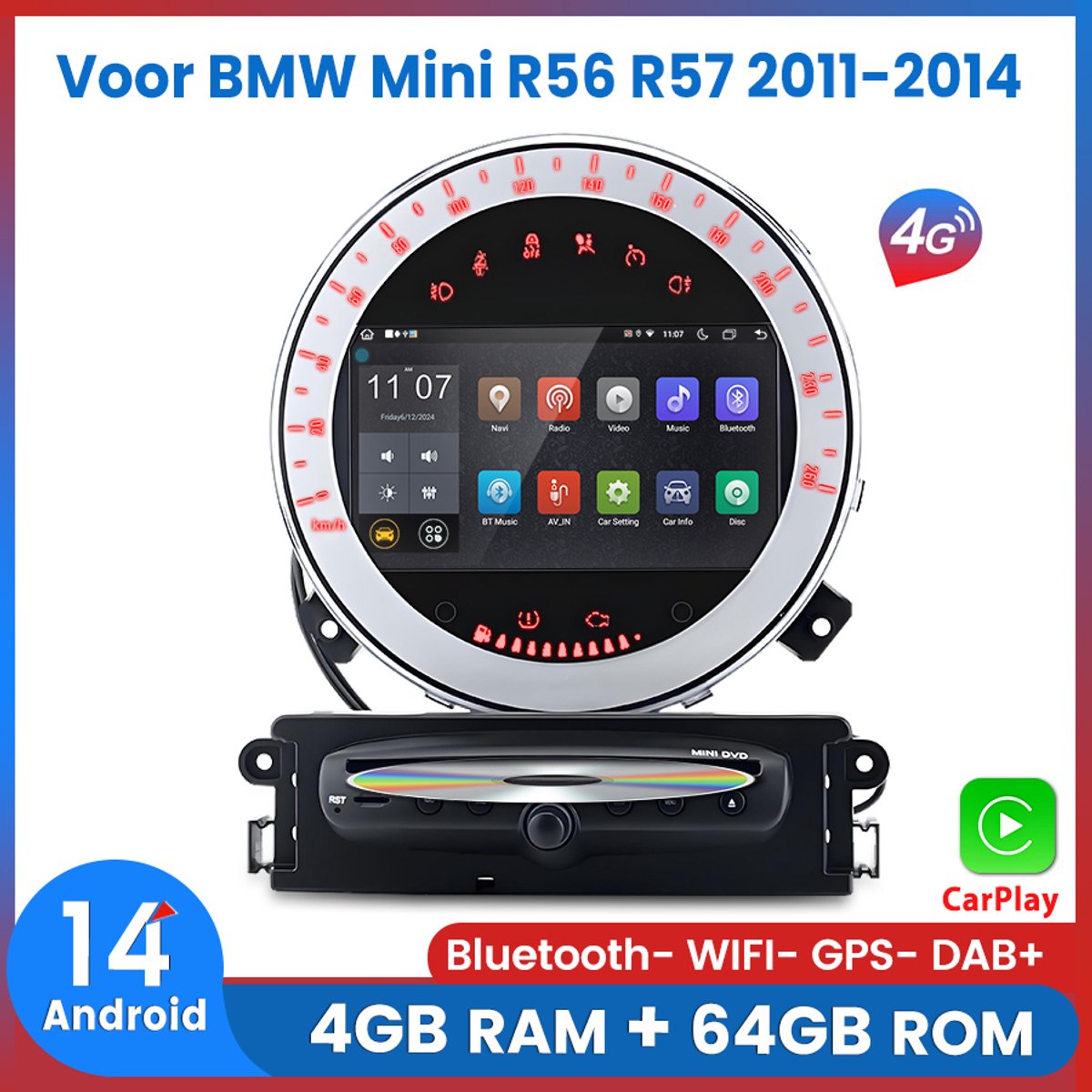 Awesafe Autoradio - Geschikt Voor BMW Mini R56 R57 2011 t/m 2014 - 7 inch IPS Scherm - RAM 4GB + ROM 64GB - 8 Kern V1PRO - Draadloos Apple Carplay & Android auto - GPS Navigatie 4G WIFI - Ondersteuning invoegen 4G SIM - 2011 2012 2013 2014
