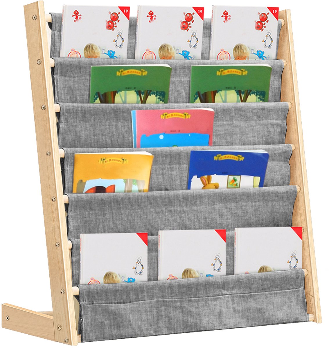 PIPIPOXER-Kinderboekenkast met stoffen planken, 7 niveaus, bruin
