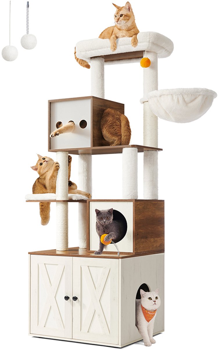 Kattenboom – Met kattenbakkast – 180 cm hoog – Honingbruin/Vintage wit