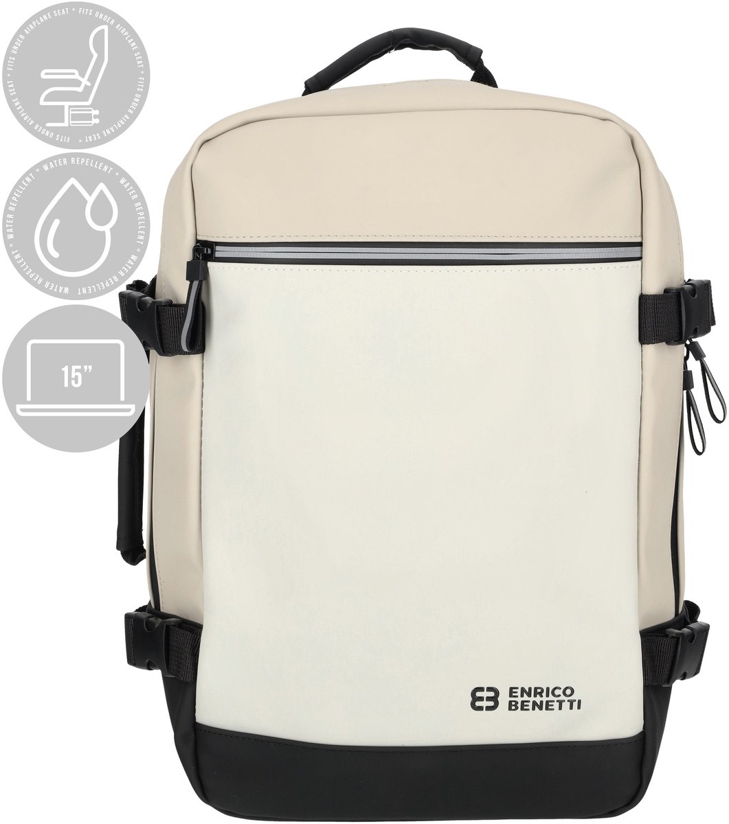 Enrico Benetti Underseater rugzak - Waterproof Cabin Rugzak - Onder de stoel bagage – Ryanair Reistas – 15 inch laptop handbagage – Cabin rugzak 25x20x40cm – 20L - 56010 – Zwart/ Beige