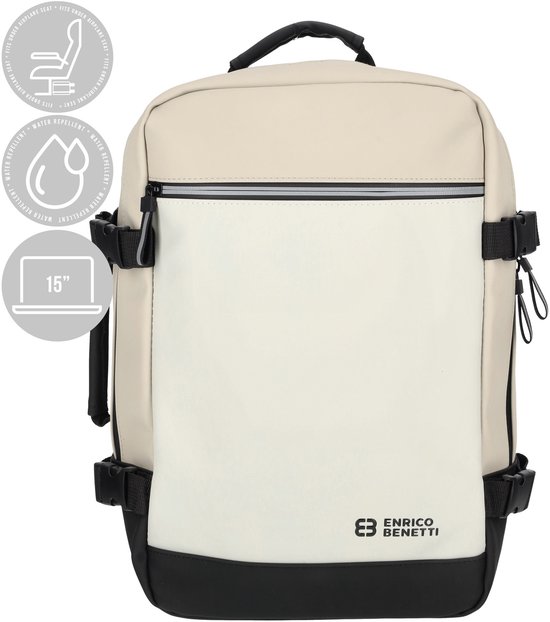 Crèmekleurige en zwarte Enrico Benetti rugzak met een effen voorkant, ritssluiting, gespen en iconen voor 15" laptop en waterafstotend.