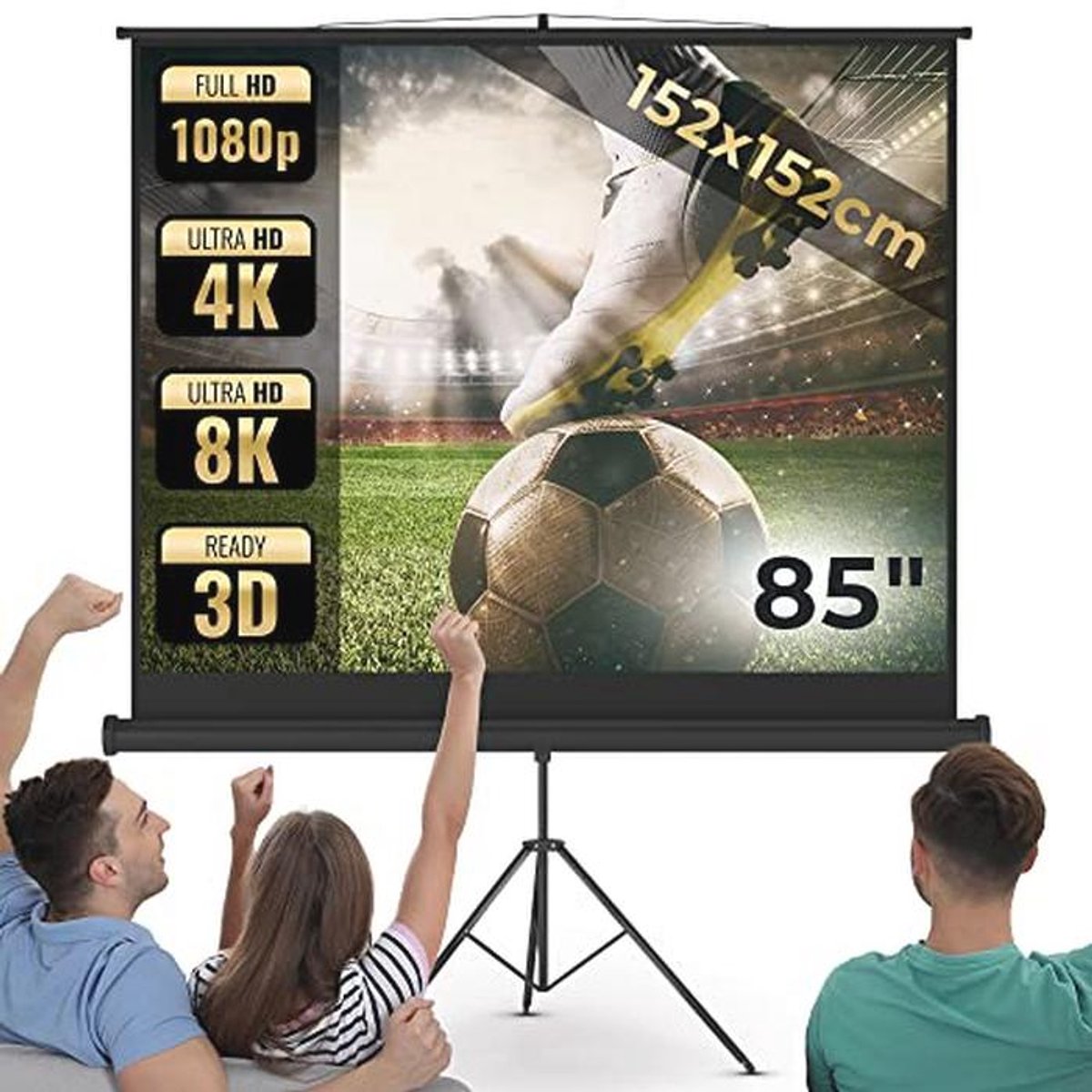 Projectiescherm - Handmatig Inklapbaar, Retractable 16:9/4:3/1:1, HD 4K 3D - Cine Screen voor Buiten of Tuin (152x152cm - 85", inclusief statief)