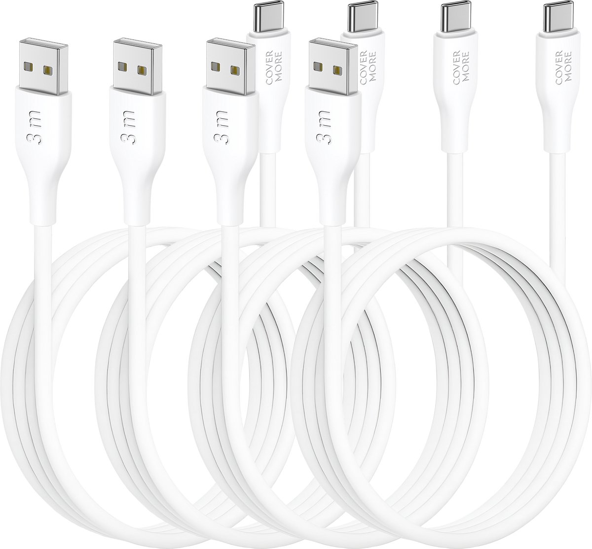 Usb C kabel 3 meter - Usb A naar usb C - 4 stuks - Voordeelpak - Lang - Wit