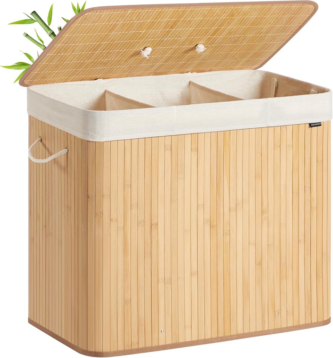 SONGMICS Wasmand met deksel, 3 compartimenten, 170 liter, bamboe wasmand, opvouwbaar, afneembaar en machinewasbaar, waszak met handgrepen, voor wasruimte, slaapkamer, natuurlijke kleur LCB013Y01