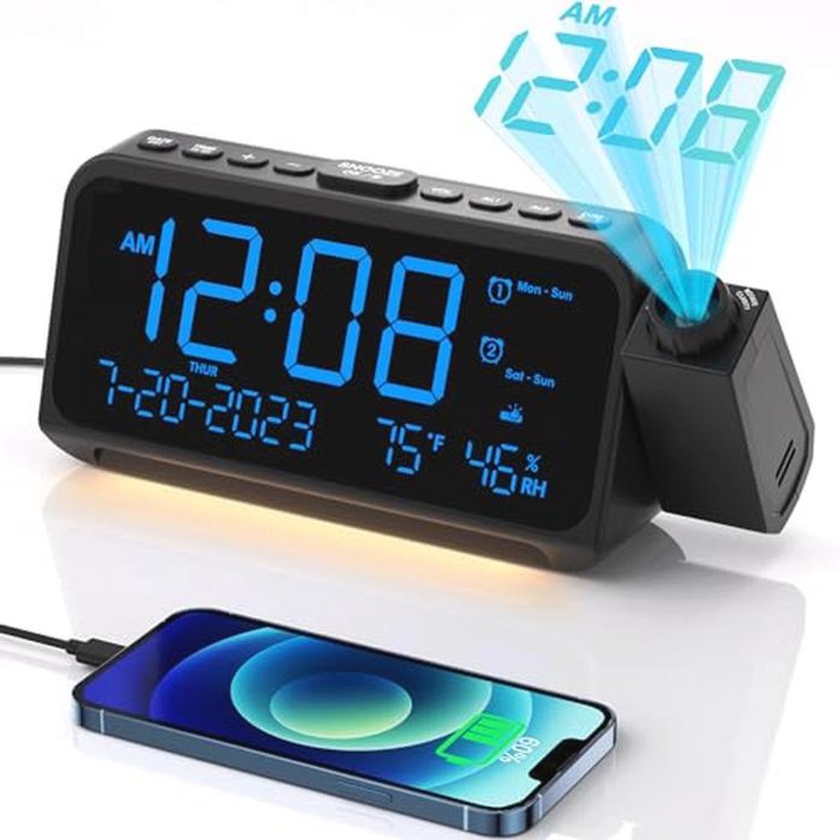 Digitale projectorwekkerradio met instelbare dimmer en temperatuurmonitor voor slaapkamer