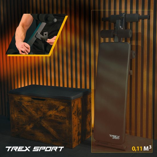 Een zwart trainingsbank op de grond voor een houten kist, met een ingevoegd beeld van de montage.