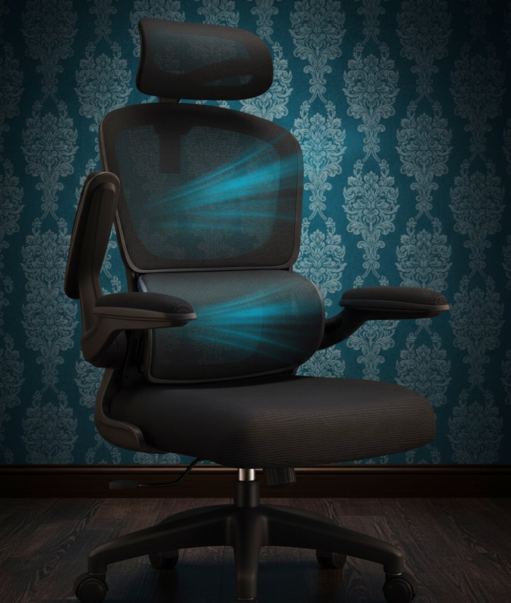 Ergonomische Bureaustoel Pro+ met Verstelbare - 65x65x135 cm - Zwart - Verstelbare Hoofdsteun, Lendensteun & Opklapbare - Medahomestore