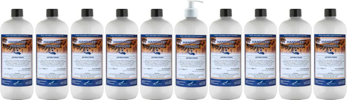 Handzeep Orange 1 liter - set van 10 stuks - met gratis pomp - Voordeelverpakking