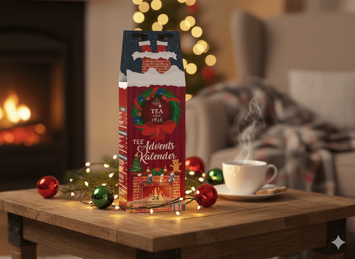 Thee Adventskalender "Chimney Classic" – 24 theezakjes (zwart, groen, kruiden, rooibos, fruit) – dispenser giftbox – sfeervol decembercadeau
