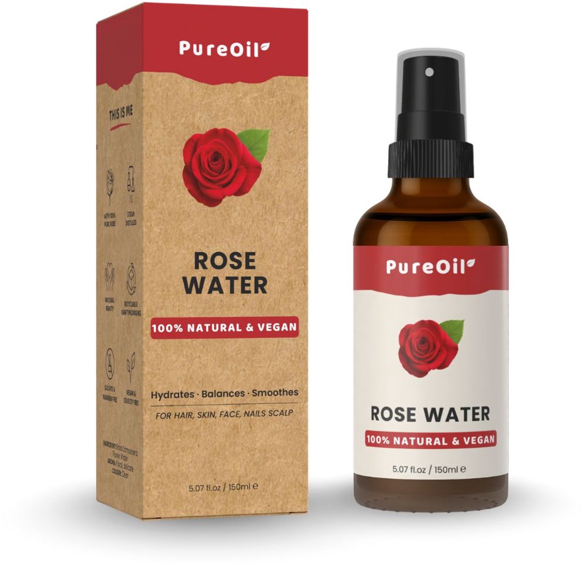 PureOil - Rozenwater- 150ml - Rose Water Huid, Gezicht En Haar - 100% Puur, Natuurlijk & Vegan