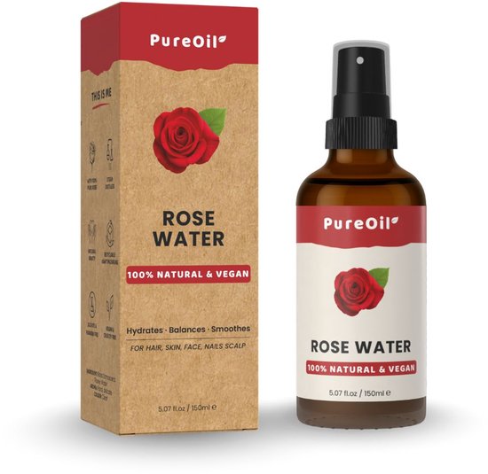 Bruine sprayfles en kartonnen verpakking voor PureOil Rose Water, 150ml. Beide met een rode roos erop.