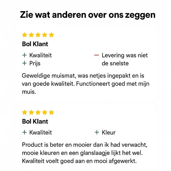 Capture d'écran d'avis clients avec étoiles et texte : "Super tapis de souris, bien emballé, bonne qualité. Fonctionne bien." et "Produit meilleur et plus beau qu'attendu, belles couleurs, finition brillante, bonne qualité."