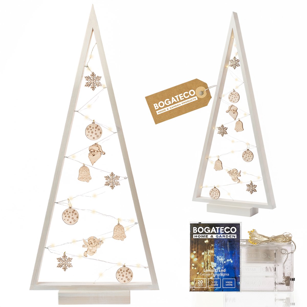 BOGATECO houten kerstboom met LED 104cm hoog | Inclusief houten decoratie | Kerstversiering | 100 LED's | Wit