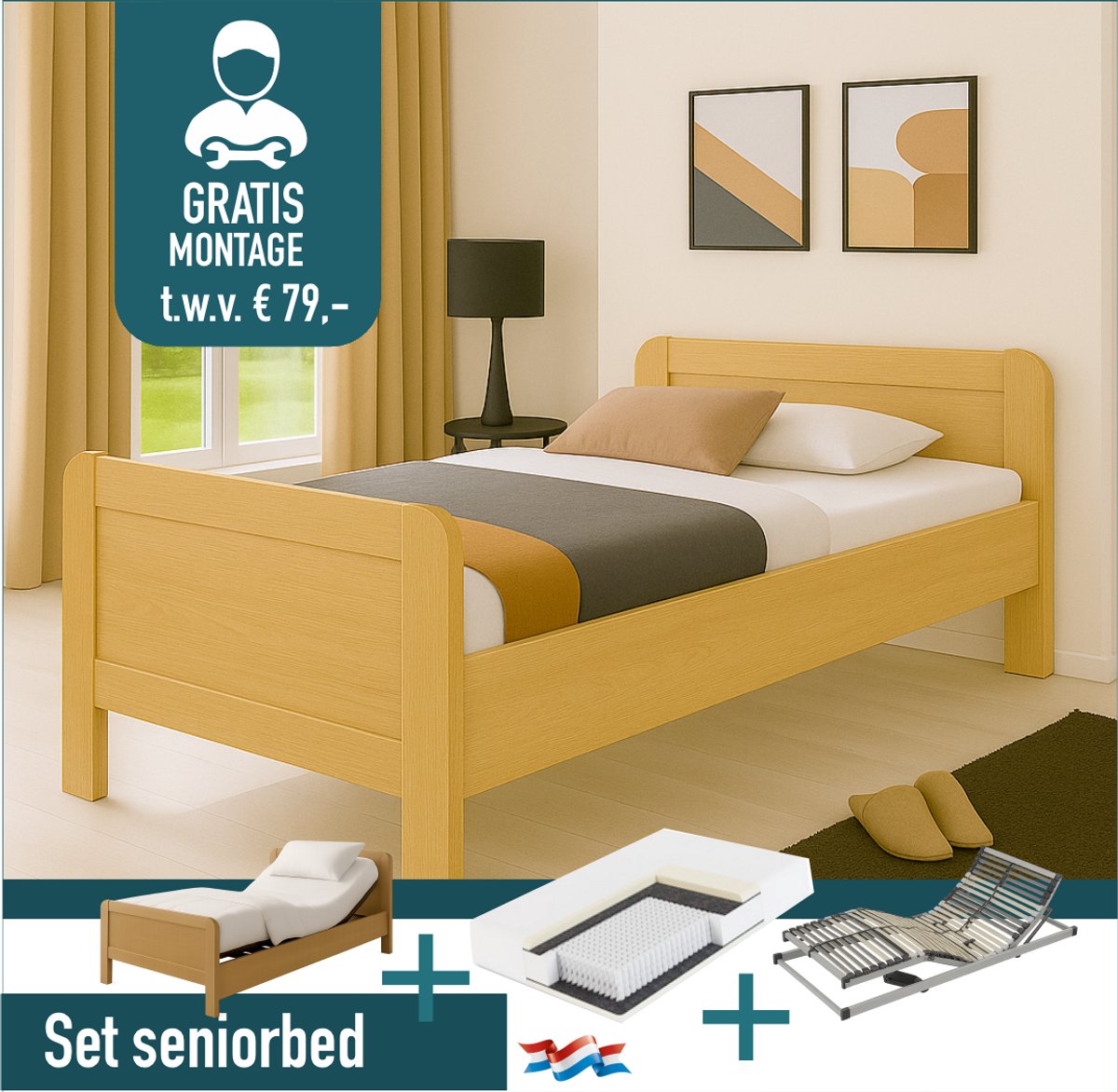 seniorenbed Compleet elektrische set ledikant seniorenbed 90x200 cm beuken + 42-lats Elektrisch Verstelbaar + Champ - 7 Zone Pocket 300 matras - 90x200 cm