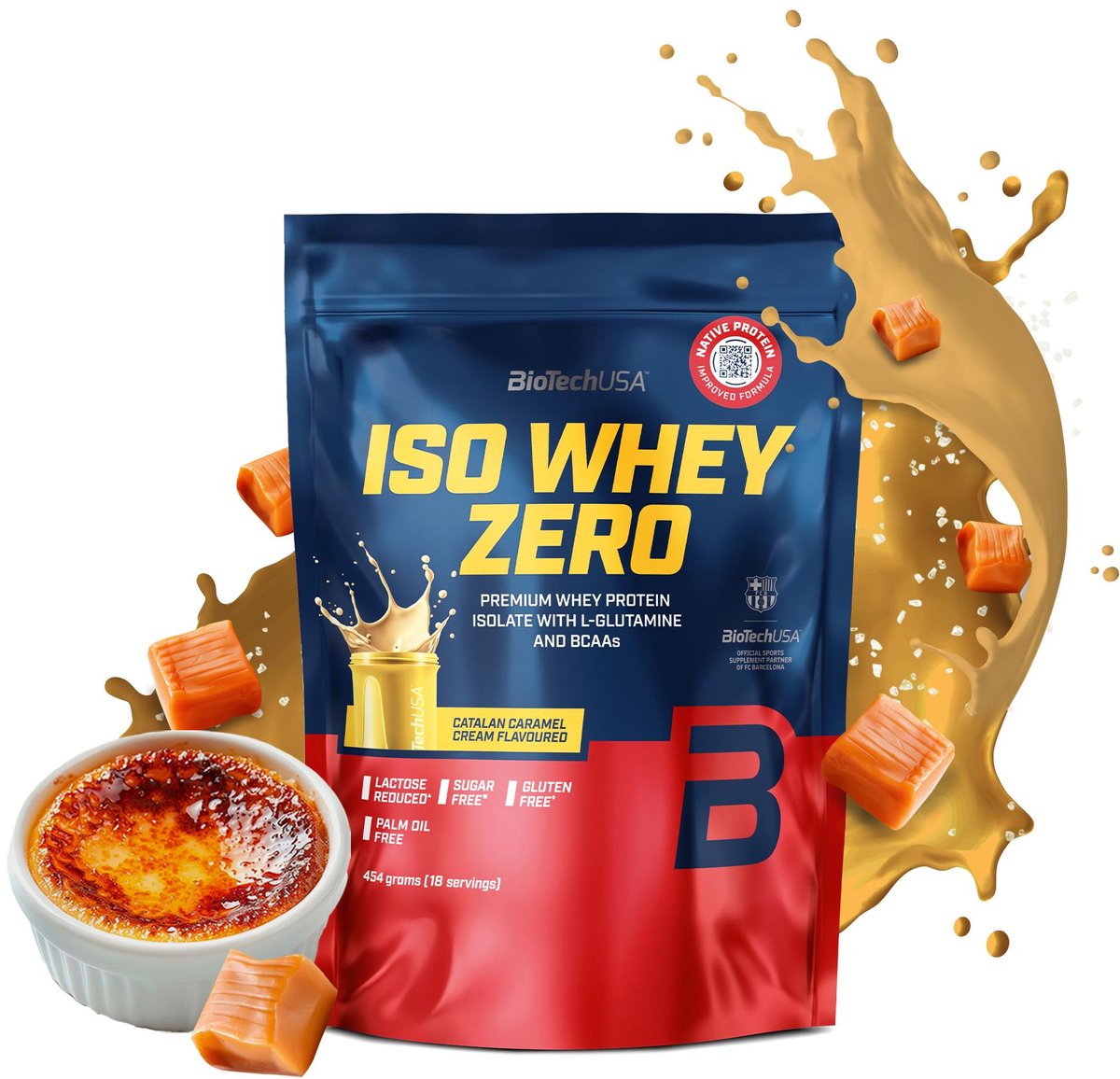BioTechUSA Iso Whey Zero | Premium wei-eiwitisolaat | Grasgevoerd | Enzymvrij | Suiker- en glutenvrij, 454 g, Catalaanse Karamelcrème