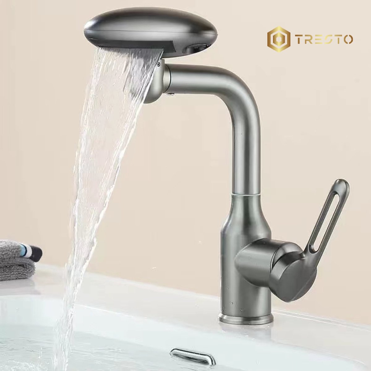 TRESTO - 360° Draaibare Waterval Kraan – 4 Standen Waterstraal – Multifunctionele Wastafelkraan – Warm/Koud Mengkraan – Badkamer Kraan - Grijs