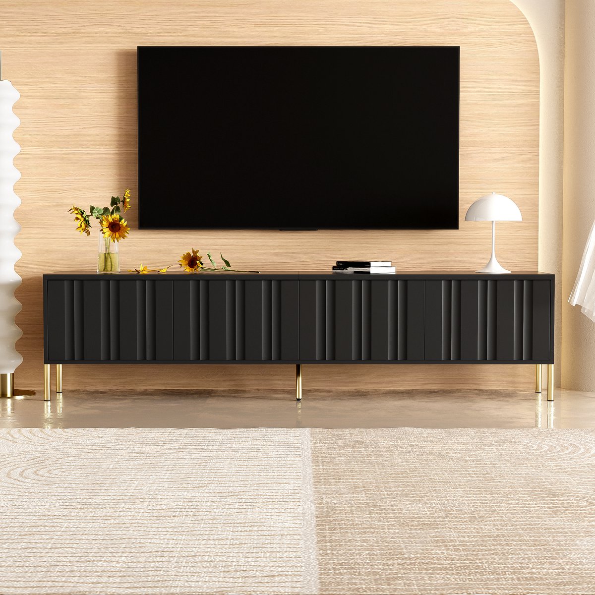 Pugsdrly Zwarte tv-kast, 190 cm (L) x 38 cm (B) x 48 cm (H), gouden tafelpoten