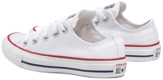 Achterkant van witte Converse-sneakers met het Converse All Star logo op de hiel.