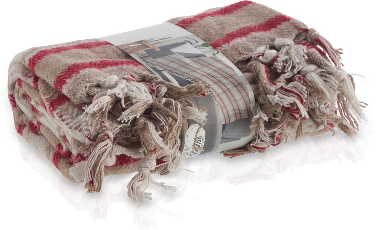 Meisterhome® Luxe Fleece Deken – Geruit Beige/Rood – 130x160 cm – Zachte Retro Plaid - Vintage – Geschikt voor Picknick & Strand – Outdoor Woonplaid voor Bank, Woonkamer & Slaapkamer – Warm & Soft Design – Noodpakket