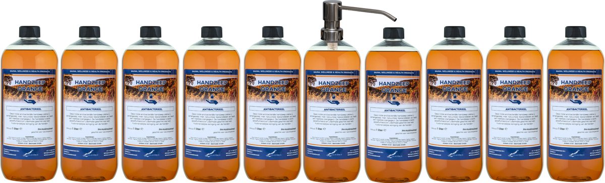 Handzeep Orange 1 liter - set van 10 stuks - met gratis RVS zilverkleurige pomp - Voordeelverpakking