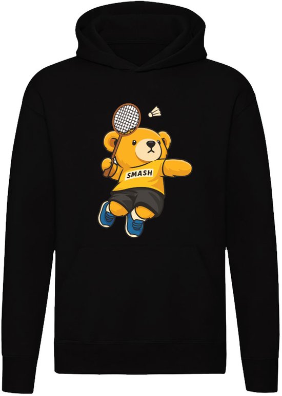 Badminton Beertje Hoodie - dieren - sport - shuttle - tennis - beer - racket - smash - unisex - trui - sweater - capuchon