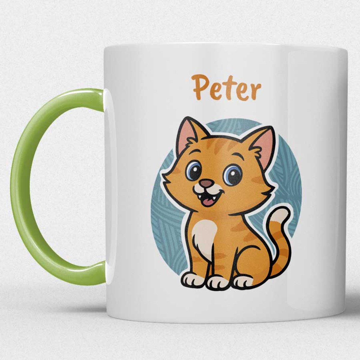 kindermok/kinderbeker | gepersonaliseerd met naam | met oranje kat | groen | Schattige illustraties