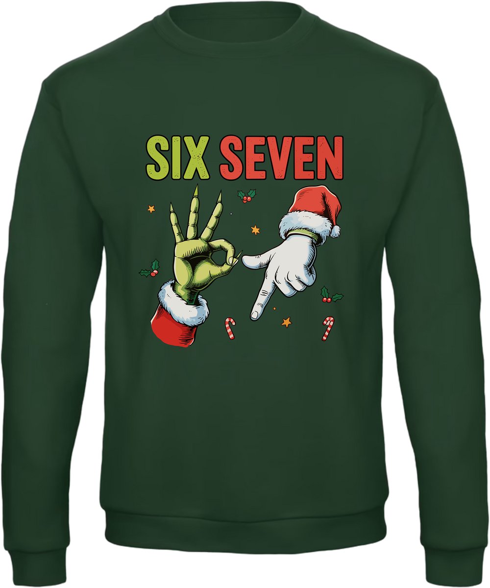 Six Seven Kersttrui - Foute Kersttrui Dames Heren - Kat - Unisex - Kerst Cadeau - Grappig - Zwart - Donkergroen - Maat XL