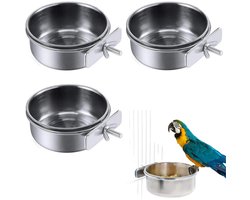 3-delig - Papegaaienvoederbak - Vogelvoederbak - Waterbak - RVS Papegaaienvoederbak - Met stevige standaard - Eenvoudig te wassen ontwerp - Roestbestendig en duurzaam - Zilver - 10*4 cm - Geschikt voor vogels en papegaaien