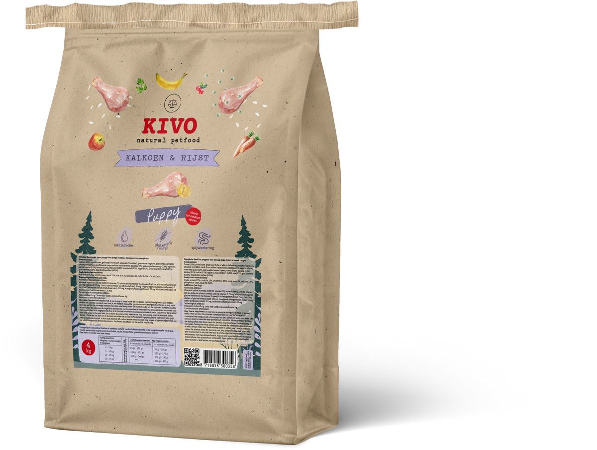 Kivo Petfood Puppybrokken Kalkoen & Rijst Puppy 4 kg Koudgeperst - Glutenvrij