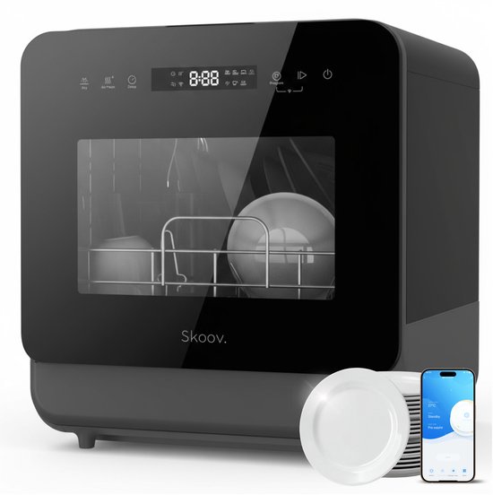 Skoov Mini Vaatwasser met waterreservoir PRO - 3 couverts - 6 wasprogramma's - Kleine smalle vrijstaande afwasmachine - Camping - Zwart
