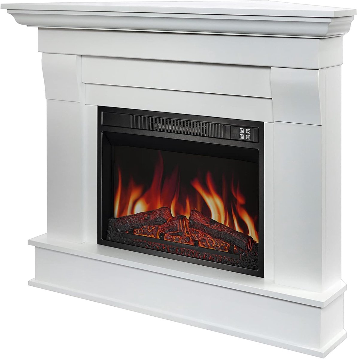 Elektrische Hoek Open Haard Novihome Albion Pro – Vrijstaande Sfeerverwarming met Echt LED Vlammen, 12 Warmtestanden, Timer, 3 Helderheidsniveaus & Afstandsbediening – Klassiek Wit Design met Boekenplanken