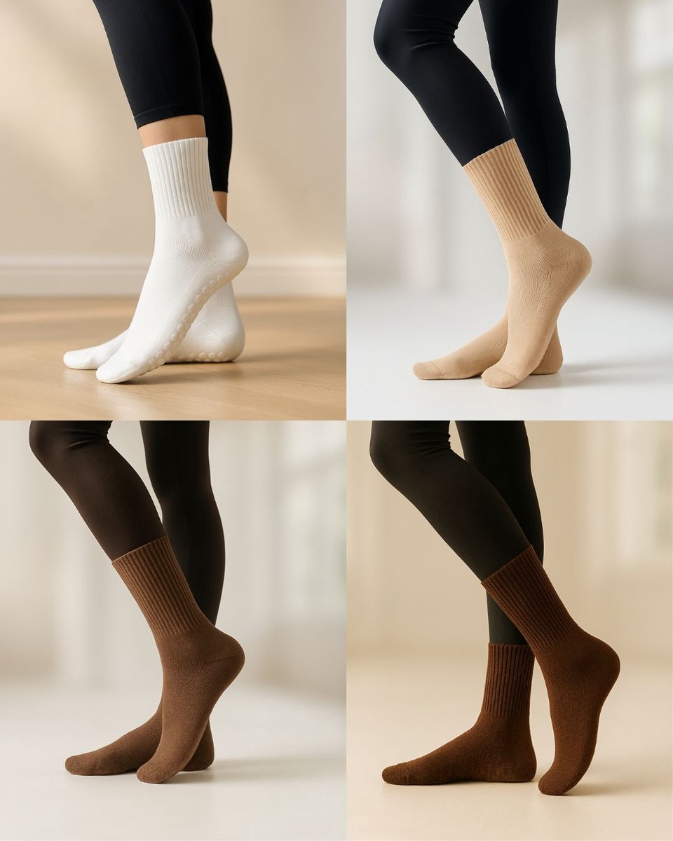 One Size Set van 4 Paar Yoga & Pilates Sokken Dames – Antislip Gripzool – Comfortabel & Ademend – Mid Tube Sportsokken van Katoen Dans – Set van 4 Paar (Wit, Bruin, Donker bruin & Khaki)